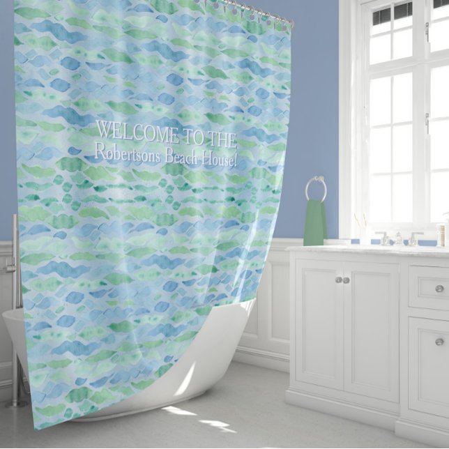 Rideaux De Douche Welcome Beach House Modern Ocean Wave Motif (Créateur téléchargé)
