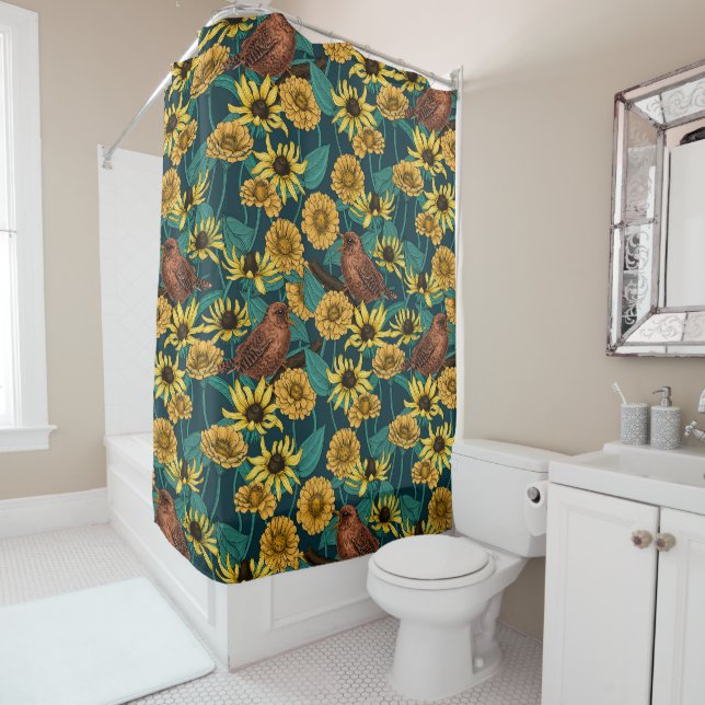Rideaux De Douche Wens et fleurs sur bleu foncé (En situation)