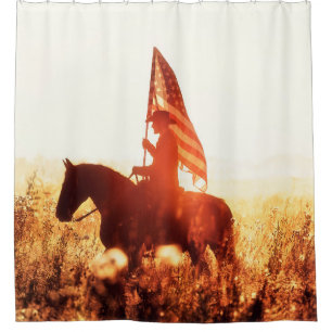Rideaux De Douche Western - portrait de cowboy avec drapeau américai