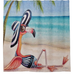 Rideaux De Douche Whimsical Beach Babe Flamant rose No. 1 Aquarelle 