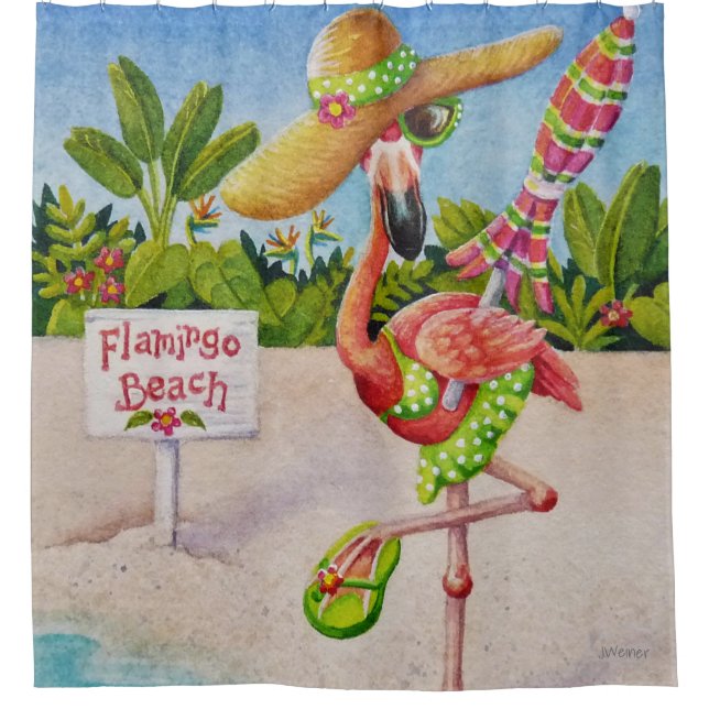 Rideaux De Douche Whimsical Beach Babe Flamant rose No. 2 Aquarelle  (Devant)