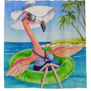 Rideaux De Douche Whimsical Beach Babe Flamant rose No. 3 Aquarelle 