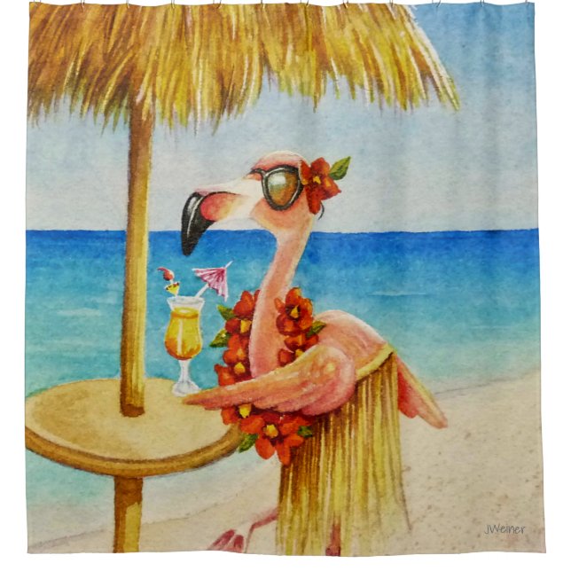 Rideaux De Douche Whimsical Beach Babe Flamant rose No 4 Aquarelle A (Devant)