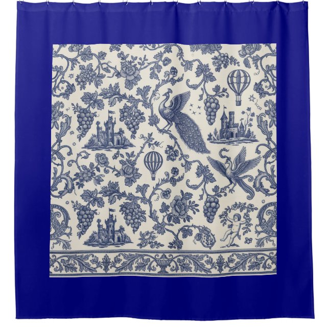 Rideaux De Douche Whimsical Blue et blanc Peacock, Château (Devant)