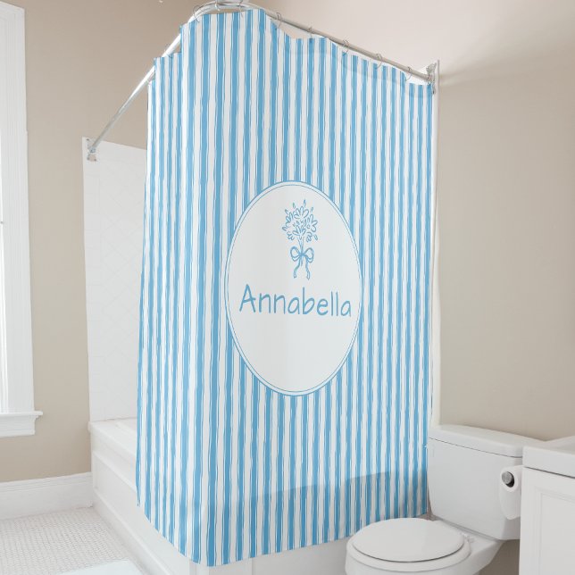 Rideaux De Douche Whimsical Blue White Stripe Preppy Monogram (Créateur téléchargé)