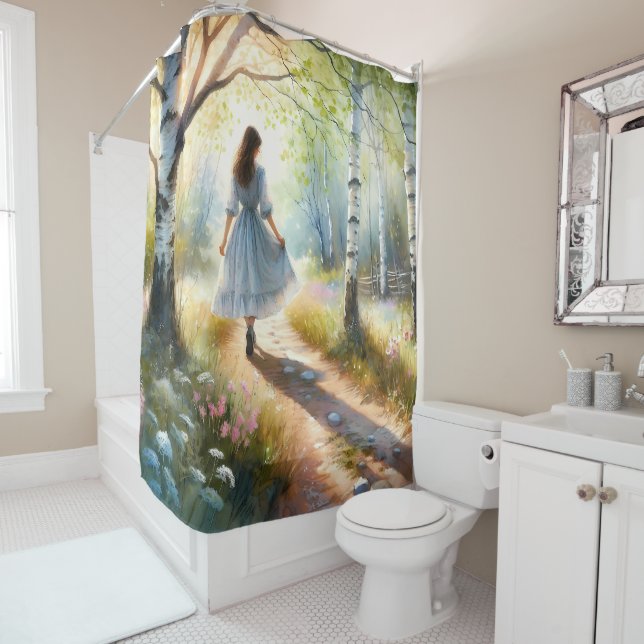 Rideaux De Douche Whimsical Girl Dancing Through Birch Forest (En situation)