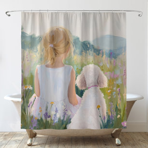 Rideaux De Douche Whimsical Grand Millennial Girl and Dog Art