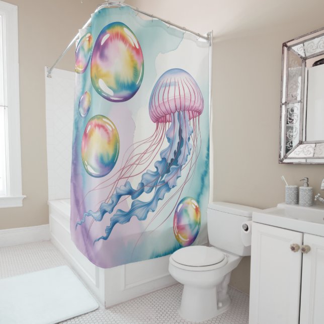 Rideaux De Douche Whimsical Rainbow Jellyfish Watercolor Design (En situation)