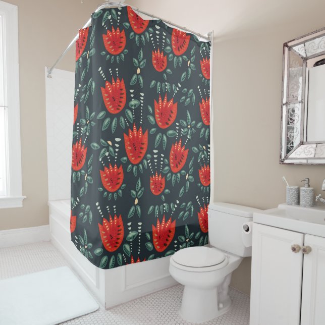 Rideaux De Douche Whimsical Red Tulips Floral Art - Printemps Abstra (En situation)