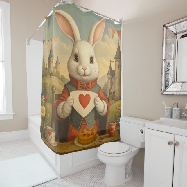 Rideaux De Douche Whimsical White Rabbit Hearts Enchanted Wonderland (En situation)