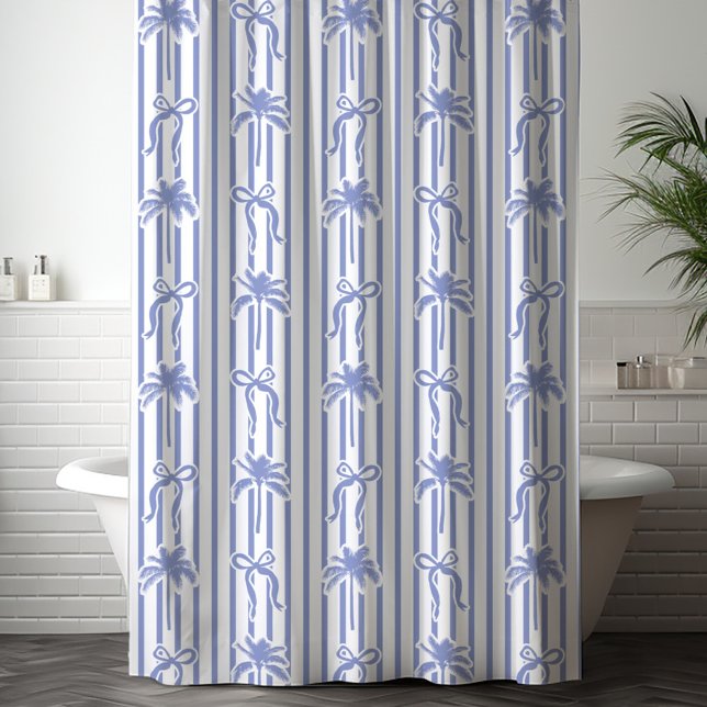Rideaux De Douche White Blue Coastal Palm Trees Bows Stripes Pattern (In situ)