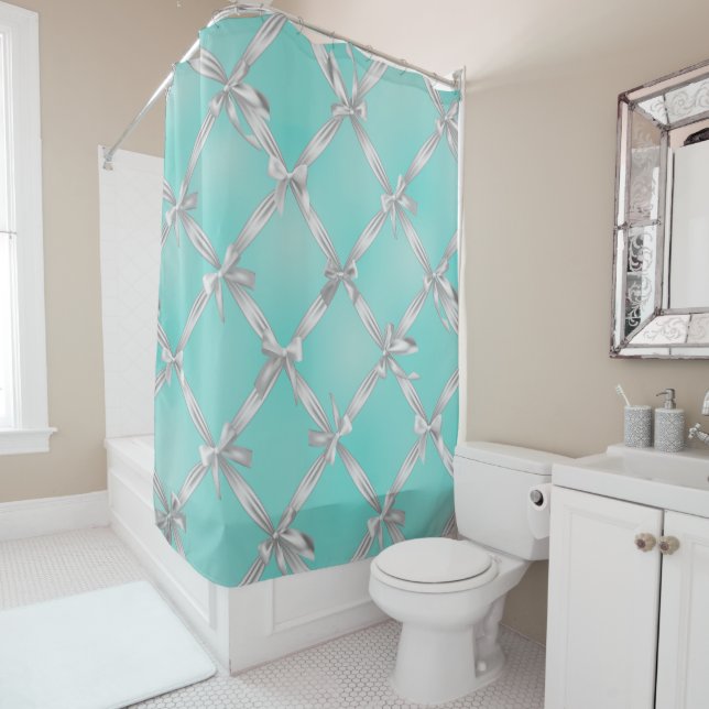 Rideaux De Douche White Bows Turquoise Robin's Egg Blue (En situation)