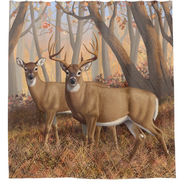Rideaux De Douche White Deer Buck & Doe Automne Maple Woods (Devant)