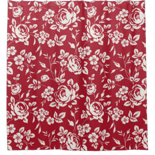 Rideaux De Douche White flowers silhouette on red background. Seamle