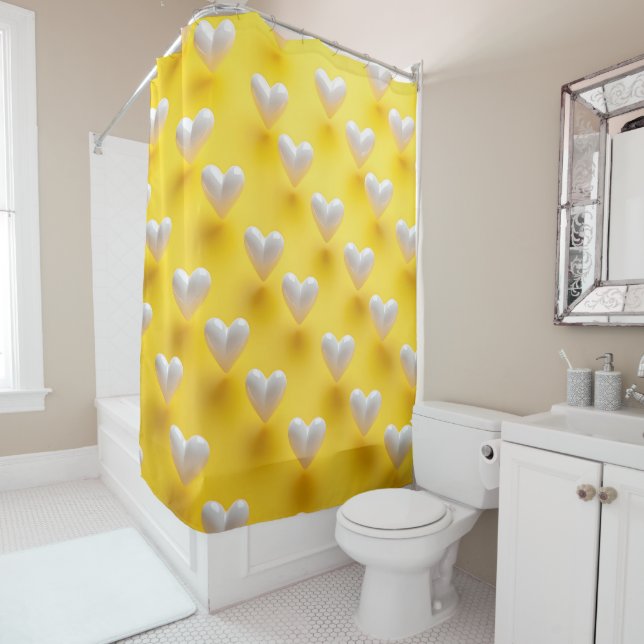 Rideaux De Douche White pearl Hearts on Yellow (En situation)