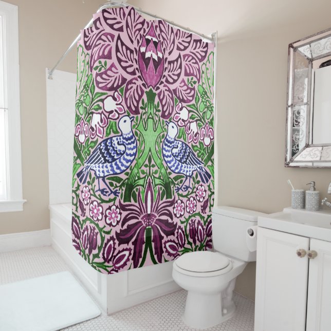 Rideaux De Douche William Morris Folk Art Oiseaux Fleurs Acorns (En situation)