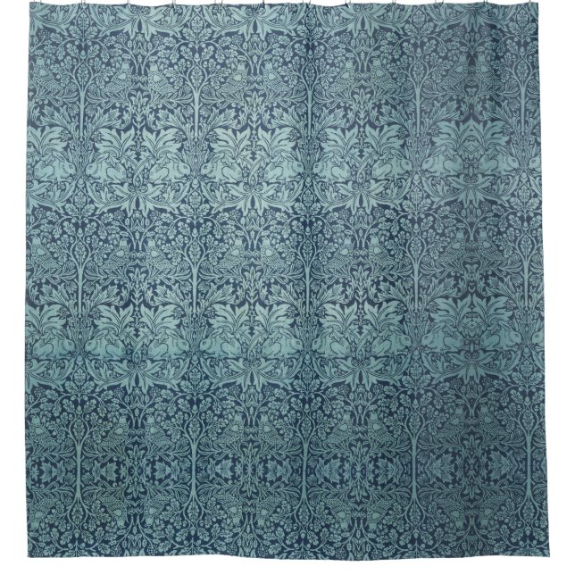Rideaux De Douche William Morris Forêt Lapins Oiseaux Fleurs Bleues (Devant)