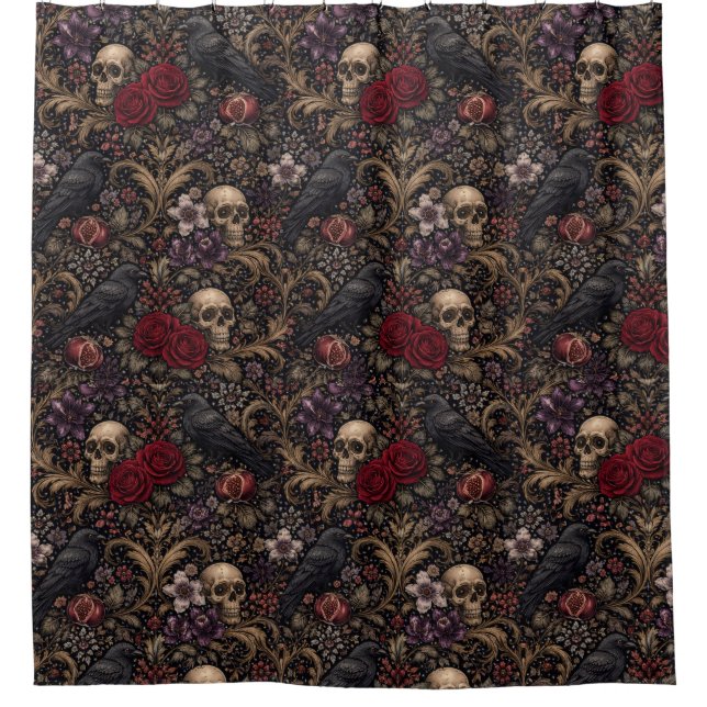 Rideaux De Douche William Morris Inspired Pattern Gothic Skulls (Devant)