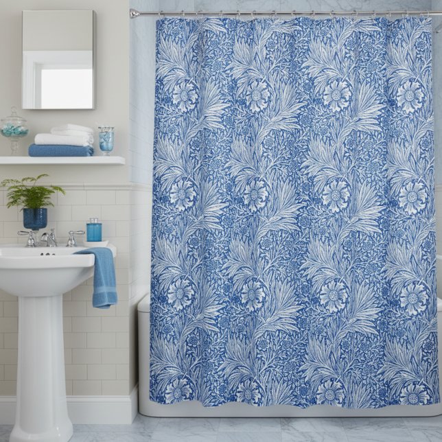 Rideaux De Douche William Morris Marigold Blue (elegant vintage william morris shower curtain, blue and white marigold floral pattern,home decor)