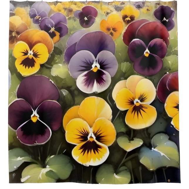 Rideaux De Douche Yellow and purple pansies watercolor painting (Devant)