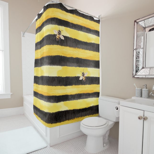 Rideaux De Douche Yellow Gold Black Stripes Honey Bee  (En situation)