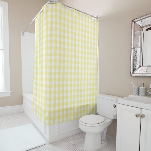 Rideaux De Douche Yellow Pastel Gingham Pattern Modern Farmhouse (En situation)