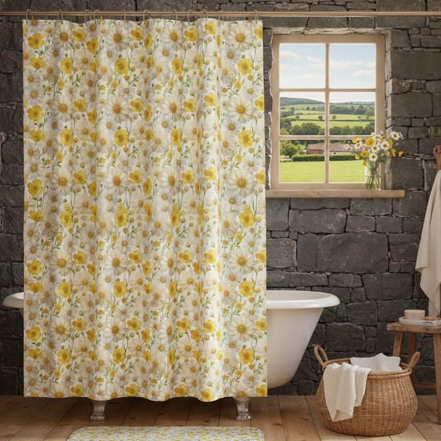 Rideaux De Douche Yellow Watercolor Wildflower Pattern  (Créateur téléchargé)