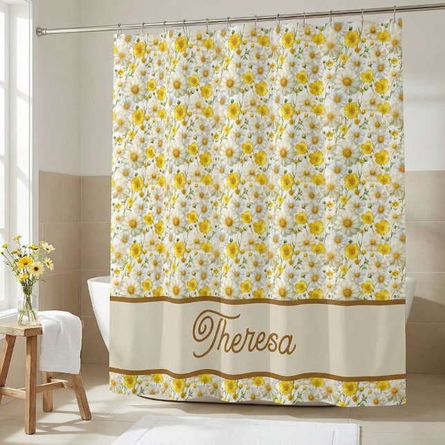 Rideaux De Douche Yellow Wildflowers Pattern Monogram Name (Créateur téléchargé)
