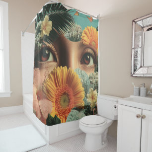 Rideaux De Douche Yeux surréalistes et fleurs avec papillons