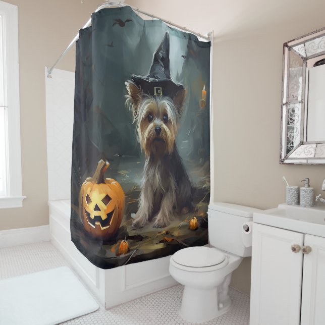 Rideaux De Douche Yorkshire Terrier Citrouilles Halloween effrayant (En situation)