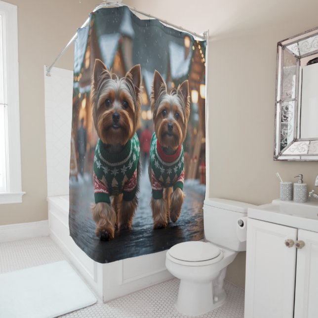 Rideaux De Douche Yorkshire Terrier Dogs Christmas Snow Holiday  (En situation)