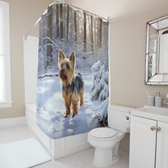 Rideaux De Douche Yorkshire Terrier Laisser Neige Noël (En situation)