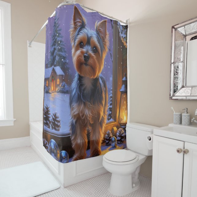 Rideaux De Douche Yorkshire Terrier With Christmas Lights Holiday (En situation)