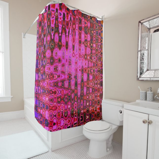Rideaux De Douche Zigzags Rétro Atomiques Abstraits et Roses Noir et (En situation)