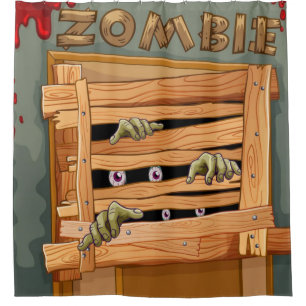 Rideaux De Douche Zombies Derrière La Porte En Bois