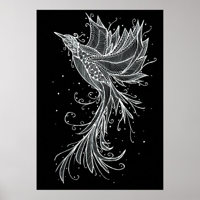 Rising Phoenix white on black Lineart Poster (Devant)