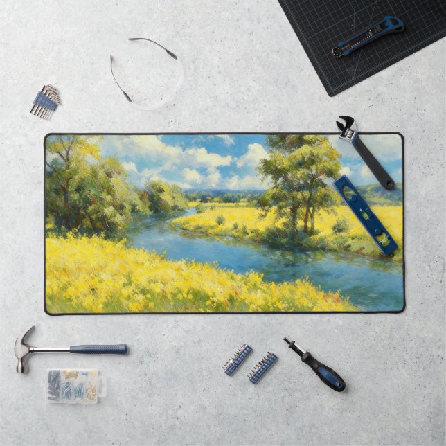 Rivière ensoleillée et champ de fleurs sauvages ja (Poste de travail)