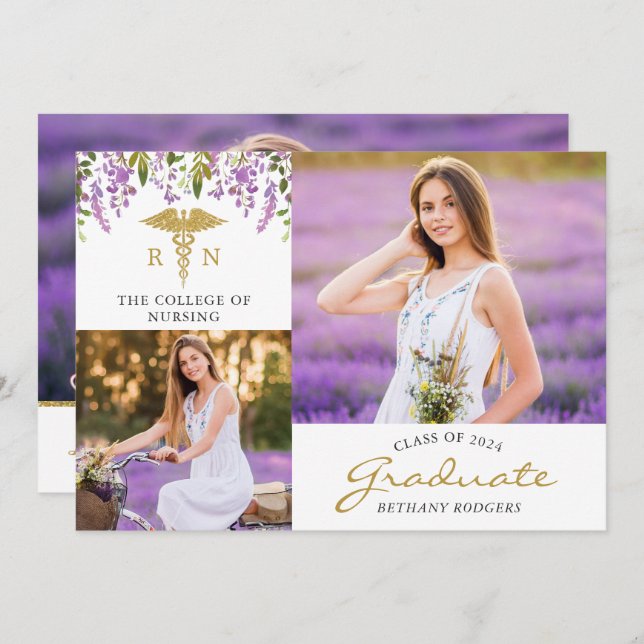 RN Nursing Floral Graduation 3 Faire-part photo (Devant / Derrière)