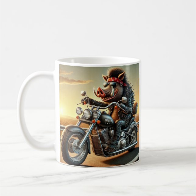 Road Hog Motorcycle Mug | Biker Pig Riding Chopper (Gauche)
