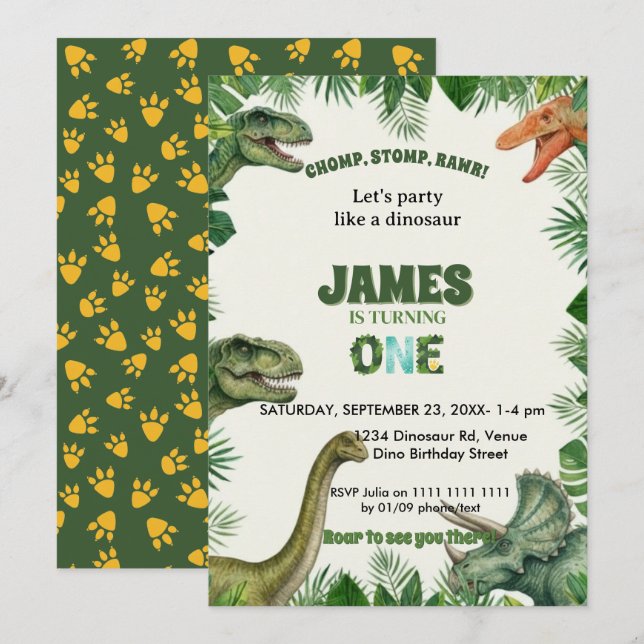 Roar-some Dinosaur 1st Birthday Invitation (Devant / Derrière)