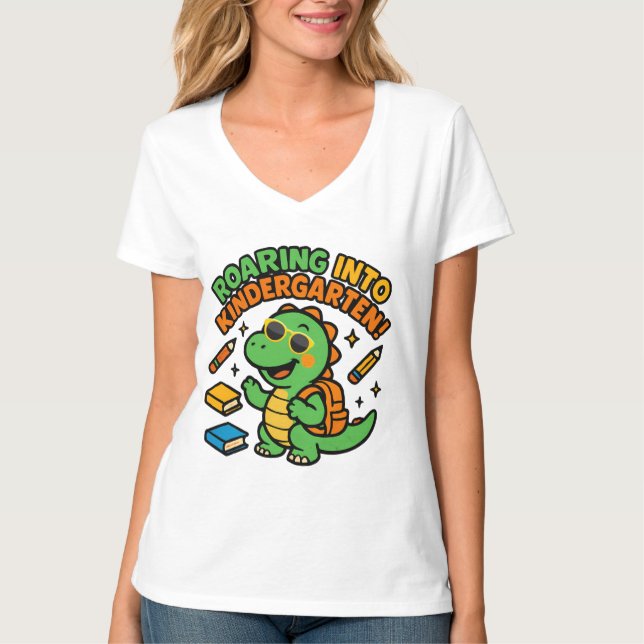 Roaring Into Kindergarten Dinosaur T-Shirt (Devant)