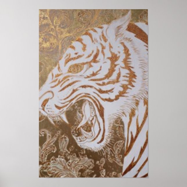 Roaring White Tiger Poster – Ornate Gold Design (Devant)