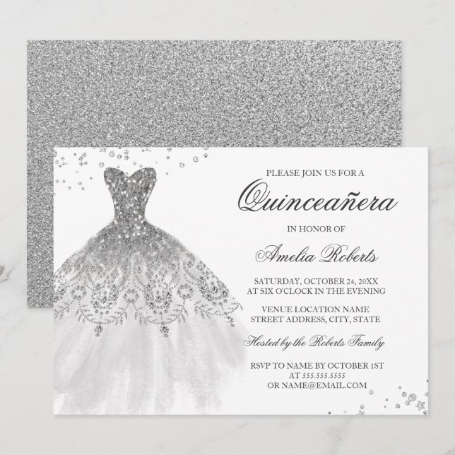 Robe à paillettes argentées Invitation Quinceanera (Devant / Derrière)