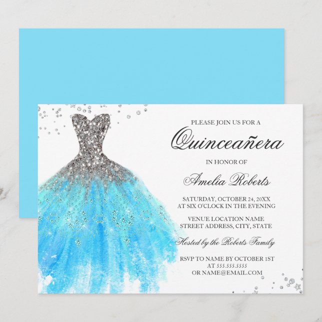 Robe à paillettes bleues Invitation Quinceanera (Devant / Derrière)
