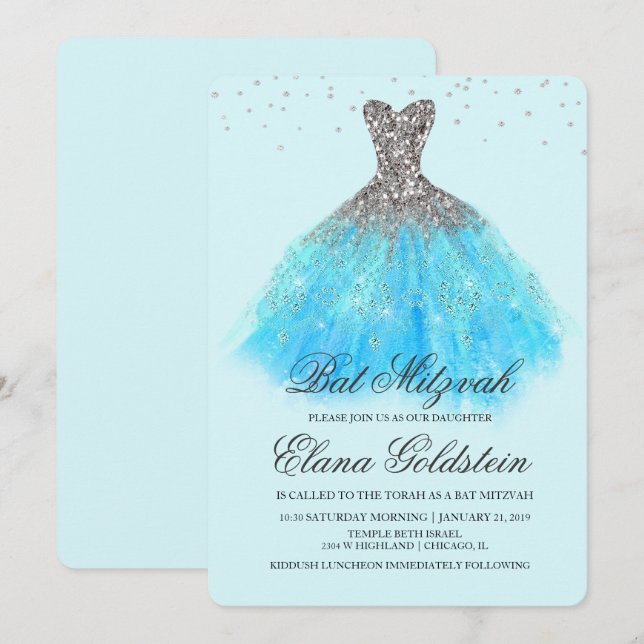 Robe à paillettes de Bat Mitzvah Invitation diaman (Devant / Derrière)