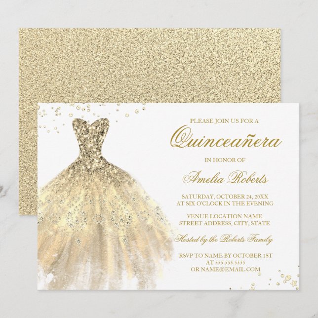 Robe à paillettes dorées Invitation Quinceanera (Devant / Derrière)