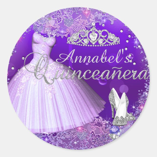 Robe à paillettes violette et autocollant de couro (Devant)