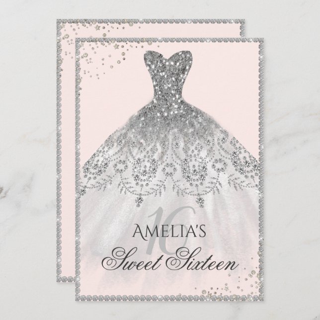 Robe Argent Étincelle 16e Sweet sixteen Invitation (Devant / Derrière)