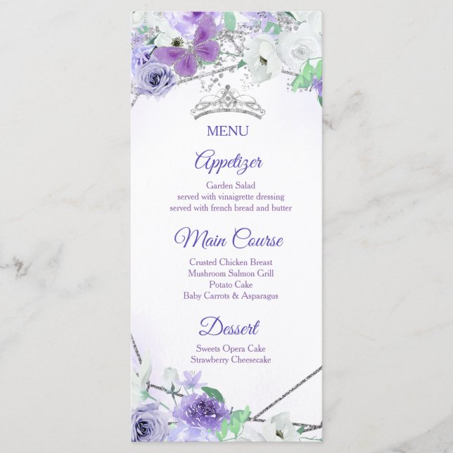 Robe argentée et violette Quinceañera Carte Menu (Devant)