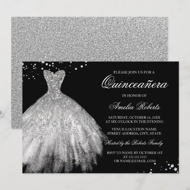 Robe argentée noire Quinceanera Invitation (Devant / Derrière)